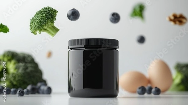 Fototapeta a small plastic black jar mockup awith black lid while some brocoli, walnuts, blueberries, eggs, salamon flying in the background against a white background , studio photography, product photography, 