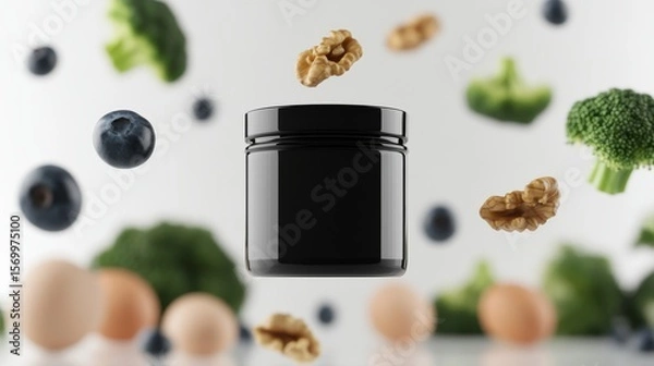 Fototapeta a small plastic black jar mockup awith black lid while some brocoli, walnuts, blueberries, eggs, salamon flying in the background against a white background , studio photography, product photography, 