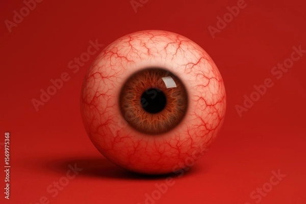 Fototapeta Intense Gaze: A hyper-realistic, detailed depiction of an eyeball, showcasing intricate veins and a striking brown iris, against a vibrant red backdrop.
