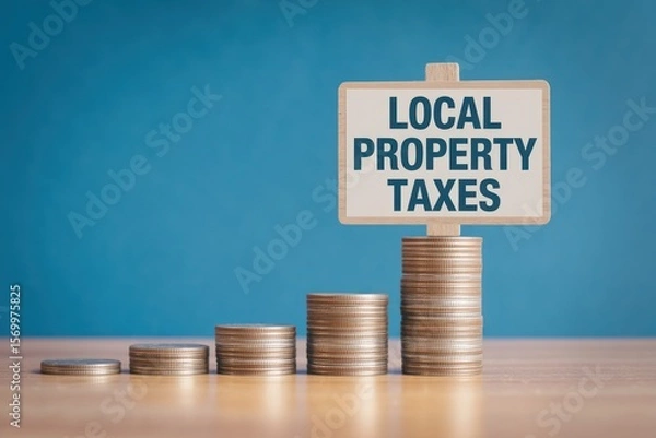Fototapeta Stacks of coins representing local property taxes with a sign on blue background display idea