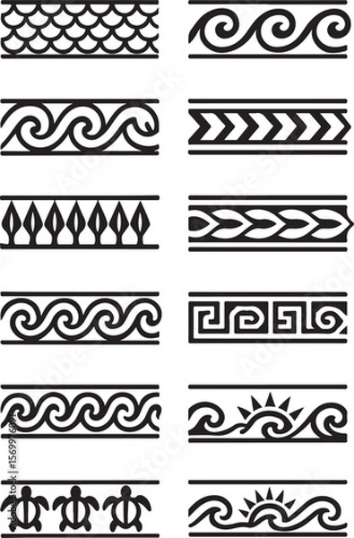 Obraz Collection of twelve distinct black and white tribal and oceanic inspired decorative borders and patterns on a white background
