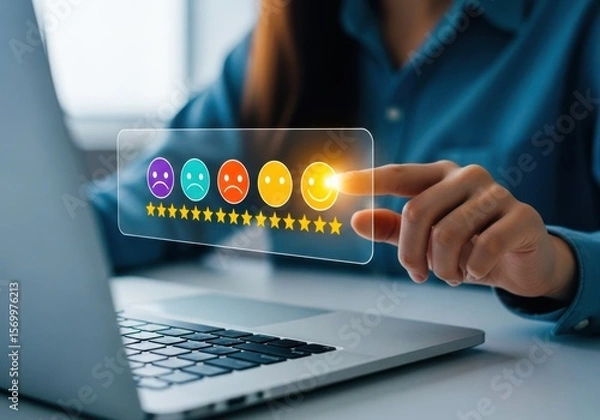 Fototapeta Customer satisfaction survey with positive feedback and star rating on a laptop