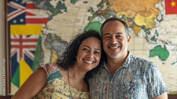 Fototapeta a smily and happy adult brazilian couplein their early 40s traveller in front of a panel with a large world map and real flags USA, UK, Australia, France, Portugal, Spain as a background panel photo r