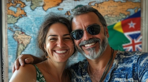 Fototapeta a smily and happy adult brazilian couplein their early 40s traveller in front of a panel with a large world map and real flags USA, UK, Australia, France, Portugal, Spain as a background panel photo r