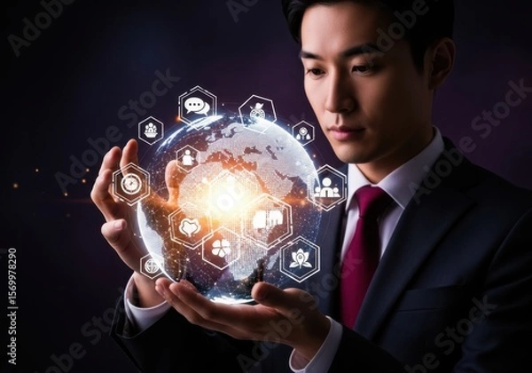 Fototapeta Businessman holding a glowing globe with digital icons representing global connectivity