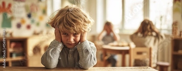 Fototapeta The child covering ears in a busy classroom setting.