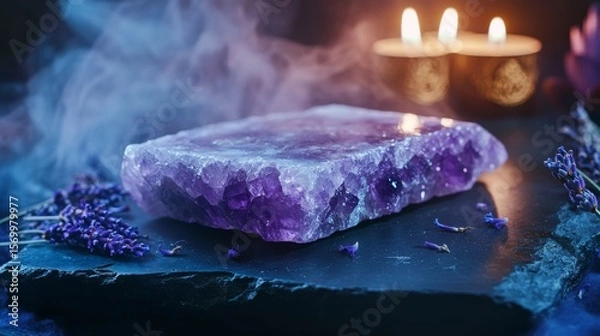 Fototapeta A smooth amethyst crystal slab resting on a polished deep obsidian surface, surrounded by faint wisps of violet mist. Ethereal candlelight glows softly in the background, illuminating scattered dried 