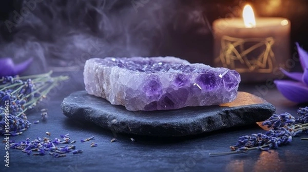Fototapeta A smooth amethyst crystal slab resting on a polished deep obsidian surface, surrounded by faint wisps of violet mist. Ethereal candlelight glows softly in the background, illuminating scattered dried 