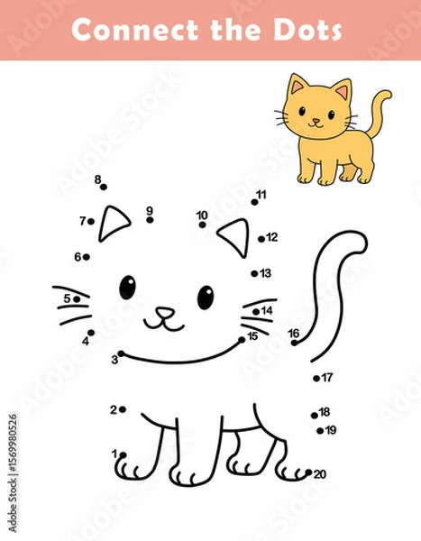 Fototapeta Dot to Dot Worksheet for Kids. Connect the dots to draw a cute cat. Illustration of kitten. Coloring page.	