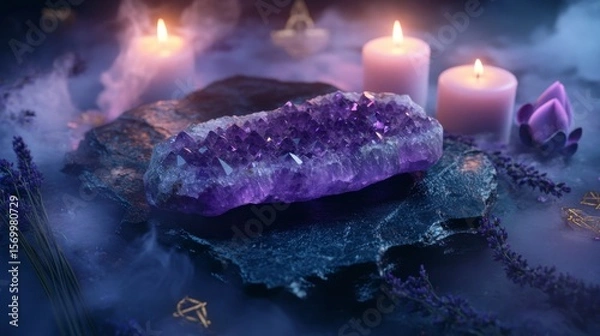 Fototapeta A smooth amethyst crystal slab resting on a polished deep obsidian surface, surrounded by faint wisps of violet mist. Ethereal candlelight glows softly in the background, illuminating scattered dried 