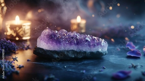 Fototapeta A smooth amethyst crystal slab resting on a polished deep obsidian surface, surrounded by faint wisps of violet mist. Ethereal candlelight glows softly in the background, illuminating scattered dried 