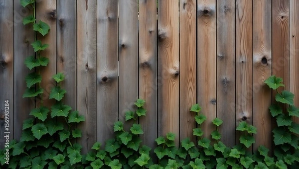 Fototapeta Wooden fence covered with green vines creeping upwards in a garden or backyard setting outdoors