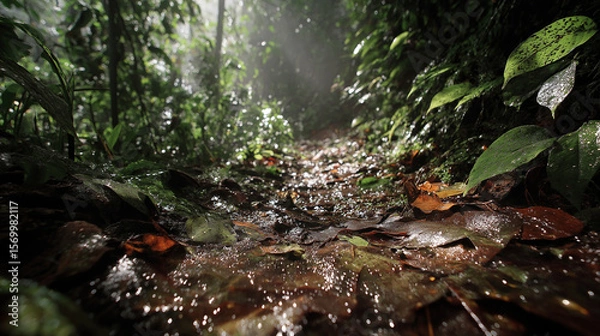 Obraz Rainforest Path with Wet Leaves and Sunlight