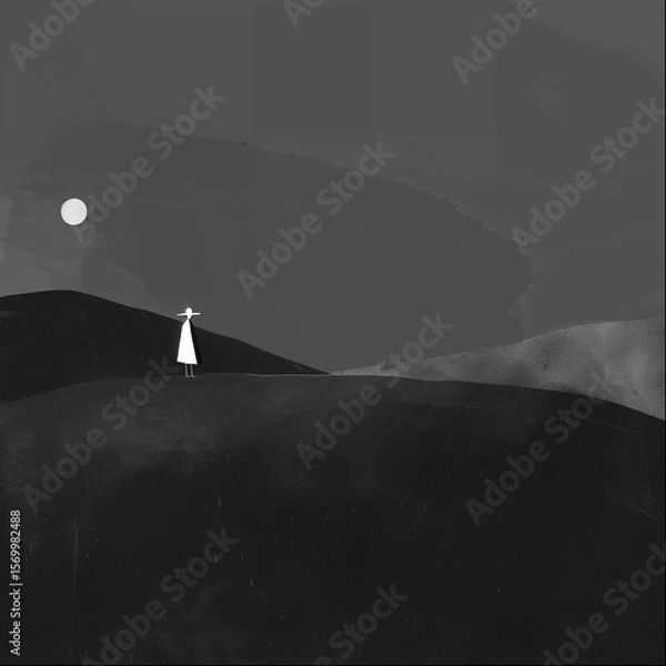 Fototapeta Lone figure in hat standing on dark hills under moonlight