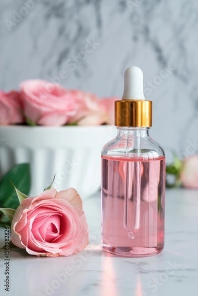 Fototapeta Close up of a bottle with pink liquid and a dropper next to pink roses on a marble surface
