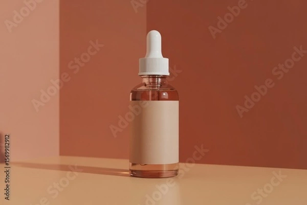 Fototapeta Close up of dropper bottle with blank label against a brown and peach colored background