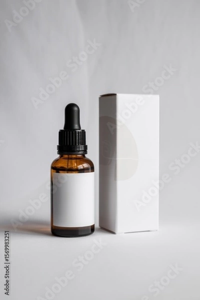 Fototapeta Amber dropper bottle with blank label and white box on a white surface in a studio setting