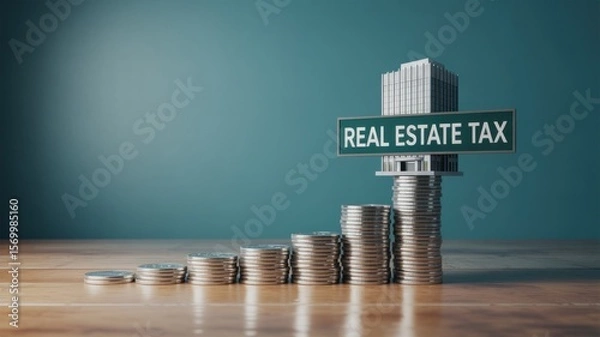 Fototapeta Real estate tax sign on top of coin stacks representing a building on a wooden surface