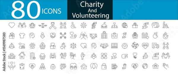 Fototapeta Volunteering and charity web icons in line style. Donate, donor, love, care, help, support, collection. Vector illustration. Line editable stroke