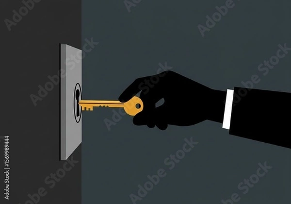 Fototapeta Hand in Suit Holding Key Unlocking Dark Door or Mystery - Conceptual illustration of solutions, access, opportunity, or problem-solving.