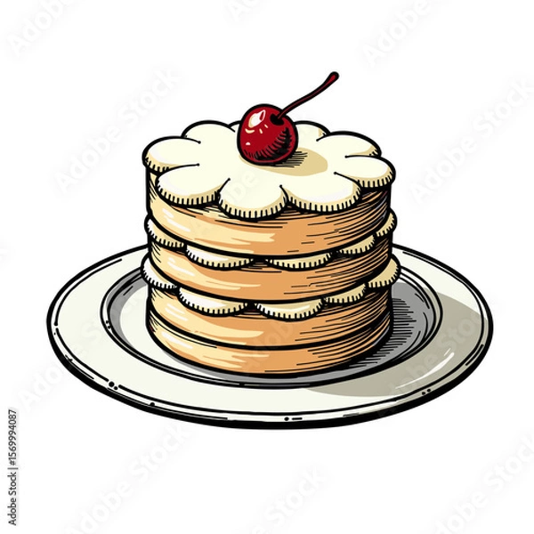 Fototapeta Stack of pancakes with cherry on top on plate in colored sketch style for breakfast menus and restaurant signage - concept of comfort and morning meals