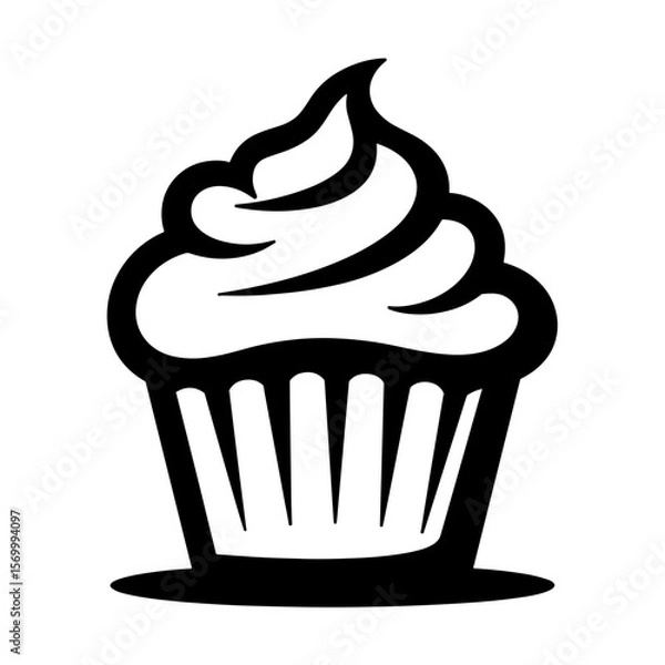 Fototapeta Black and white cupcake with swirl frosting in simple sketch style - dessert and party concept