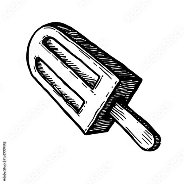 Fototapeta Engraved ice cream bar with bite taken out in vintage sketch style for nostalgic branding and print materials - concept of summer and classic desserts