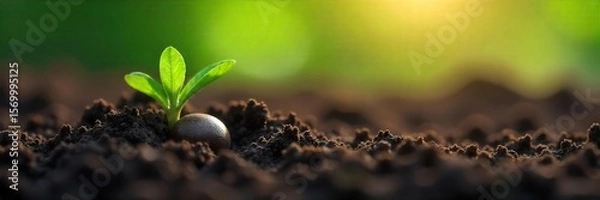 Obraz Tiny Seed in Dark Soil, Ready to Sprout Sunlight Illuminates Potential for New Life and Agricultural Growth