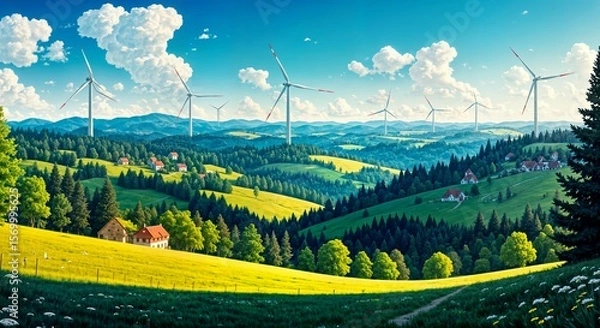 Fototapeta landscape with green field and mountains, renewable energy