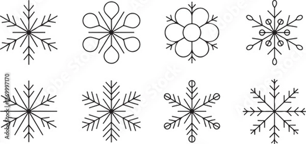 Fototapeta Eight Black Line Art Snowflake Icons Vector Pictogram Set Simple Geometric Winter Holiday Symbols Isolated on White Background Minimalist Style Design