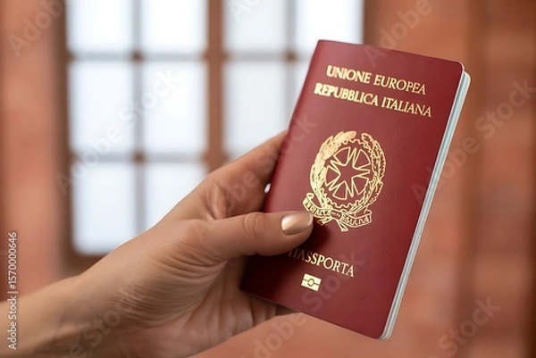 Fototapeta Close up of a hand holding a red italian european union passport with gold lettering and emblem against a blurred background of a window and brick wall
