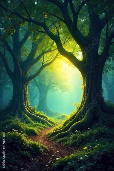 Obraz Enchanted Forest Ancient Trees Reach for Ethereal Light, Tranquil Magical Scene