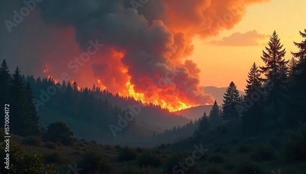 Obraz Wildfire Inferno Apocalyptic Forest Fire Raging Through Dense Woods, Billowing Smoke and Scorched Earth