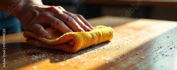 Obraz Polishing Wood to a High Shine Close-up of a Hand Buffing a Wooden Surface, Revealing Rich Grain and Texture in Sunlight
