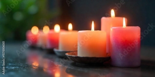 Obraz Serene Burning Candles Close-Up of Varied Sizes and Colors, Creating a Relaxing and Calming Atmosphere Ideal for Spa, Meditation, and Stress Relief Imagery