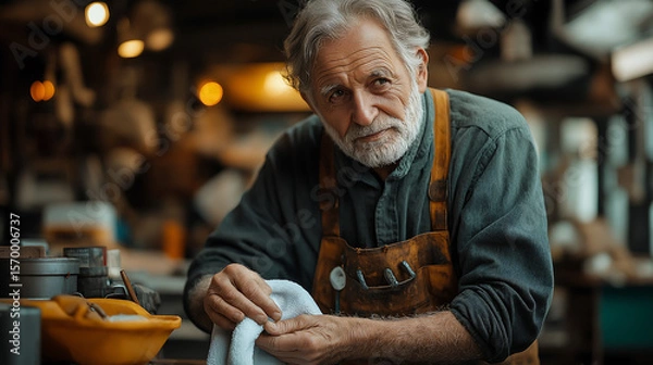 Fototapeta old man mechanic working in workshop
