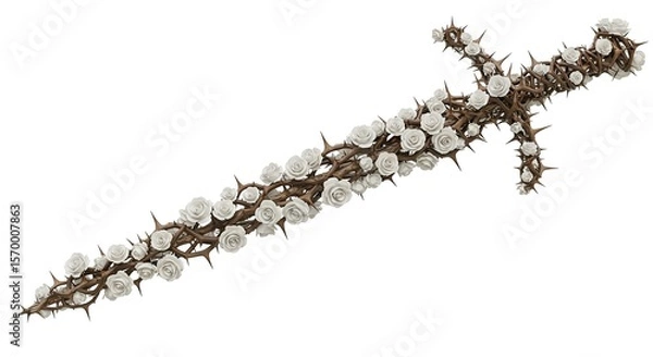 Fototapeta Fantasy Thorned Sword Adorned with White Roses - Artistic 3D render combining beauty and danger, symbolizing contrasting elements like peace and conflict, or love and pain.

