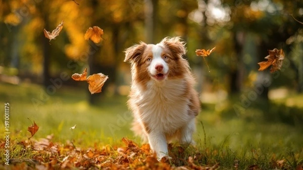 Fototapeta The spirited dog happily running through colorful autumn leaves in a sunny park.