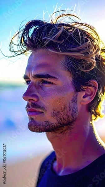 Obraz Man with a beard and a black shirt on a beach