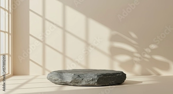 Fototapeta Minimalist Stone Podium Background with Leaf Shadow for Natural Product Display.