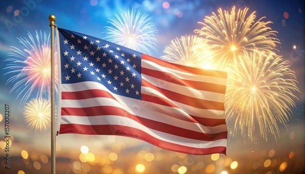 Obraz Fireworks and a american flag with a sky background