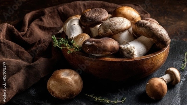 Fototapeta The bowl of assorted mushrooms with fresh thyme on a rustic table.
