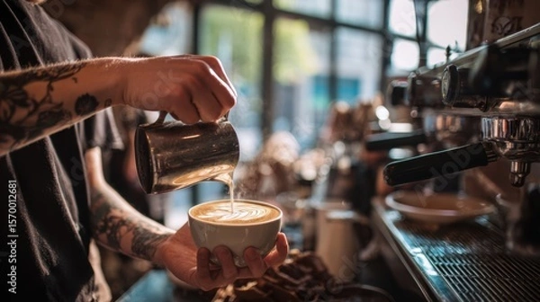 Fototapeta The Barista Skillfully Pouring Latte Art into a Cup