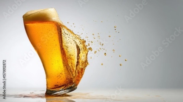 Fototapeta The golden beer glass splashing with refreshing liquid droplets.
