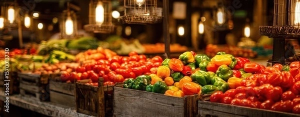 Fototapeta The vibrant display of fresh peppers in a bustling market scene.