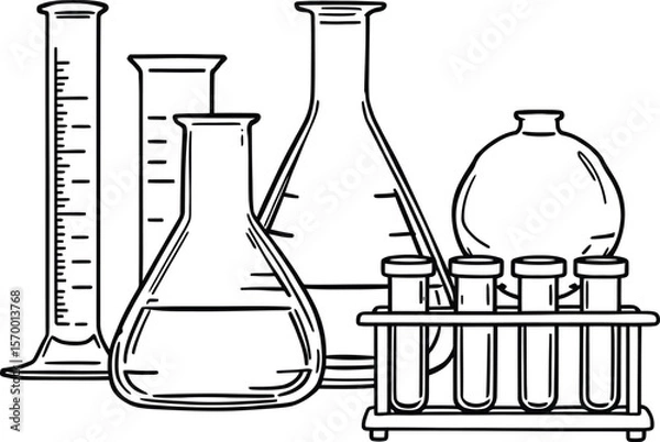 Fototapeta Black-and-White Vector Illustration of Laboratory Glassware – 6-Item Science Equipment Grid