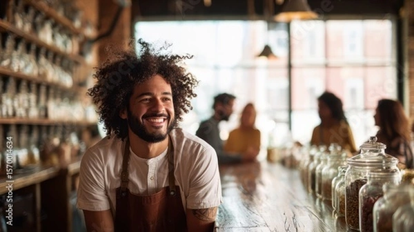 Fototapeta The smiling barista enjoying his time in a vibrant café atmosphere.