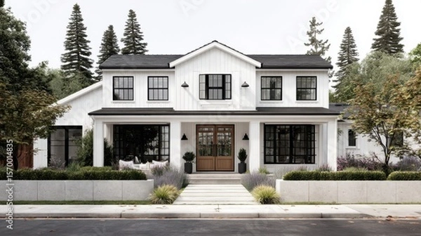 Fototapeta The elegant modern house with a beautiful front yard and inviting entrance.