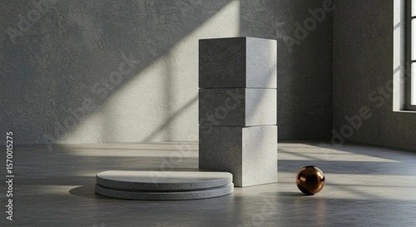 Fototapeta Modern Geometric Concrete Podium for Product Showcase with Sharp Shadows.