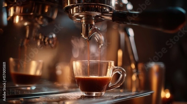 Fototapeta The espresso being brewed in a cozy café environment with rich aromas.